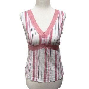 Y2K 2000s Womens Pink Striped Lace Trim Tie Back Babydoll V-Neck Tank Top